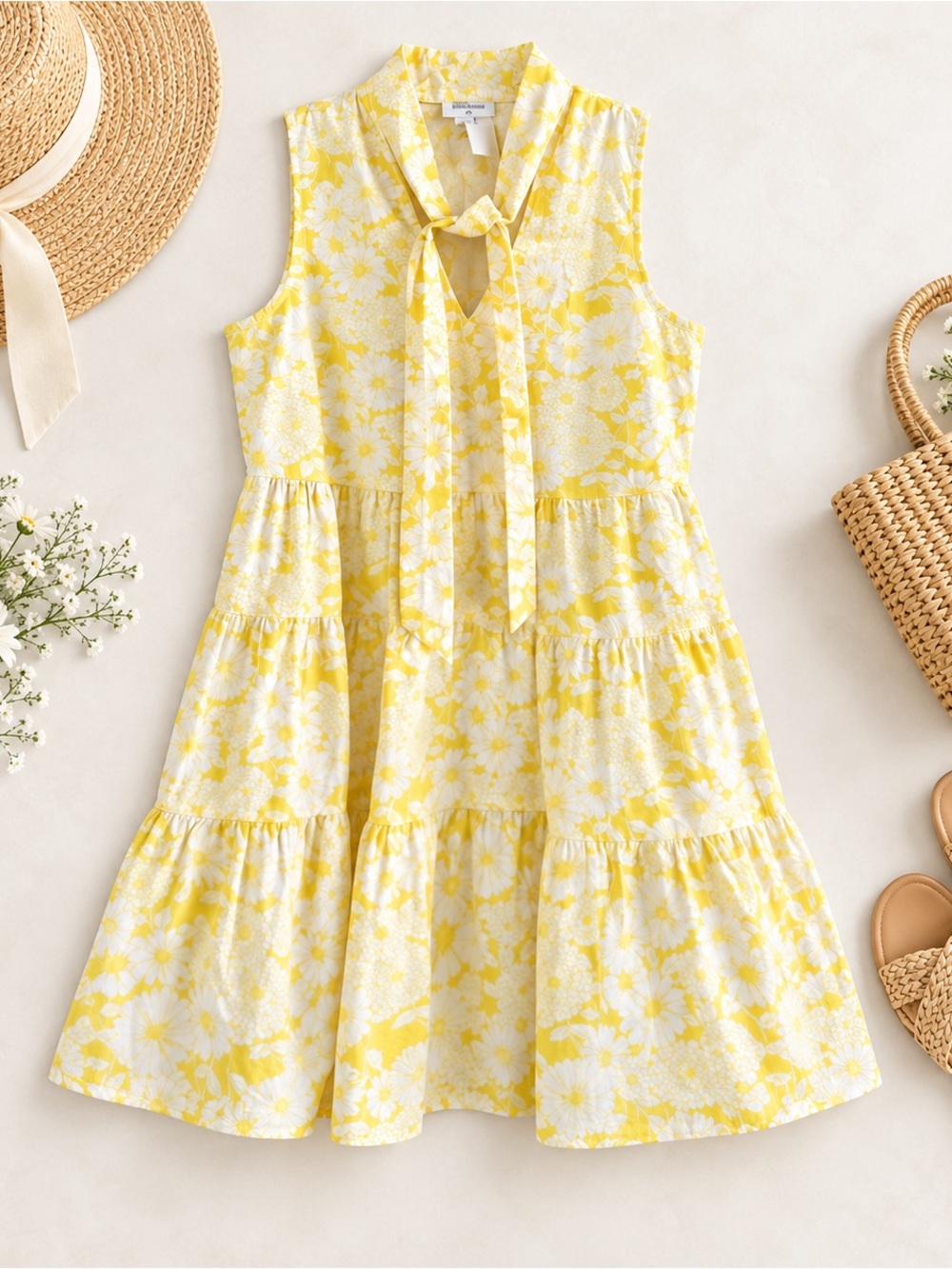 Lisa Marie Fernandez Sleeveless Yellow Floral Tie-Neck Sundress Small